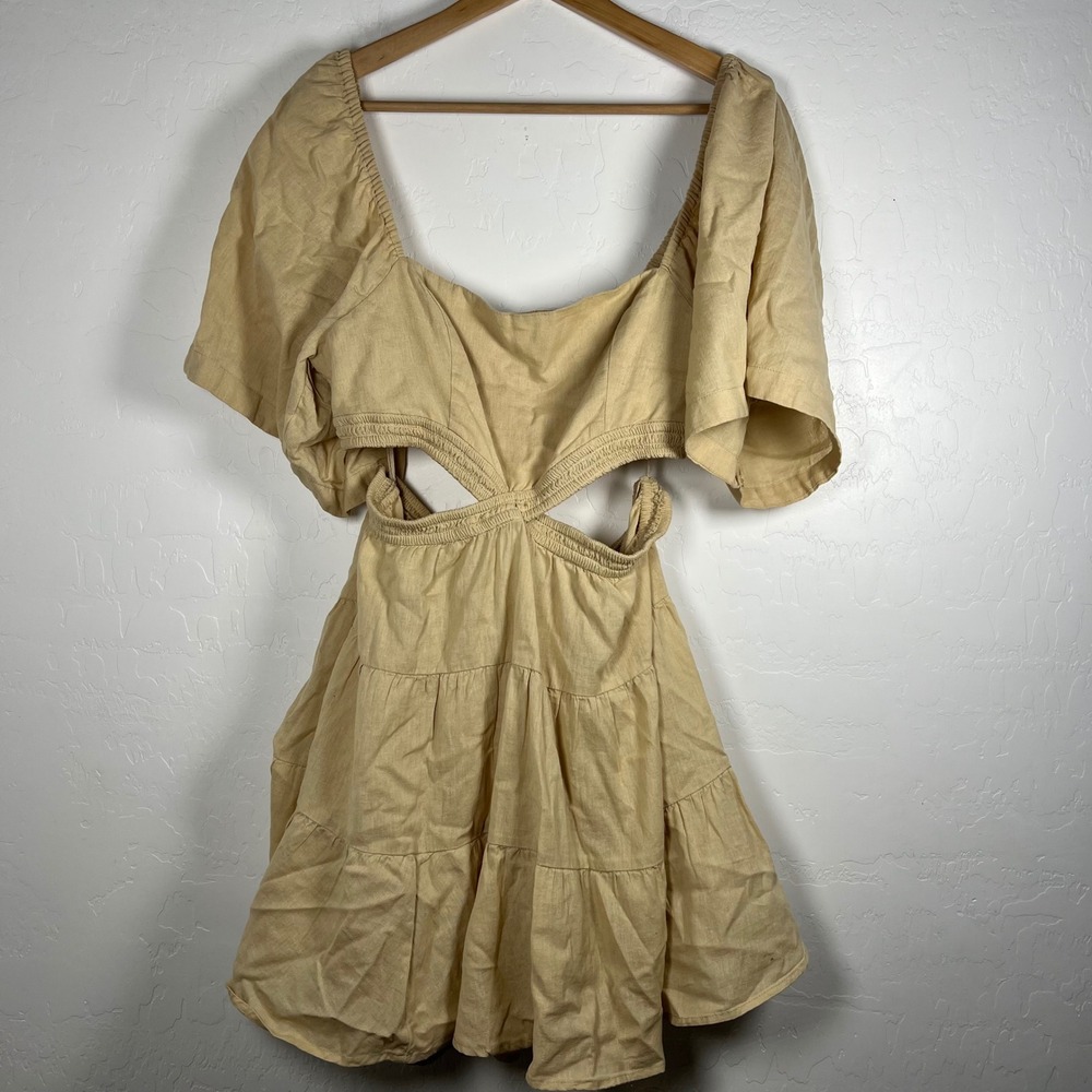 Free People Tan Cotton Linen Cut Out Smocked Tiered Mini Dress Size large